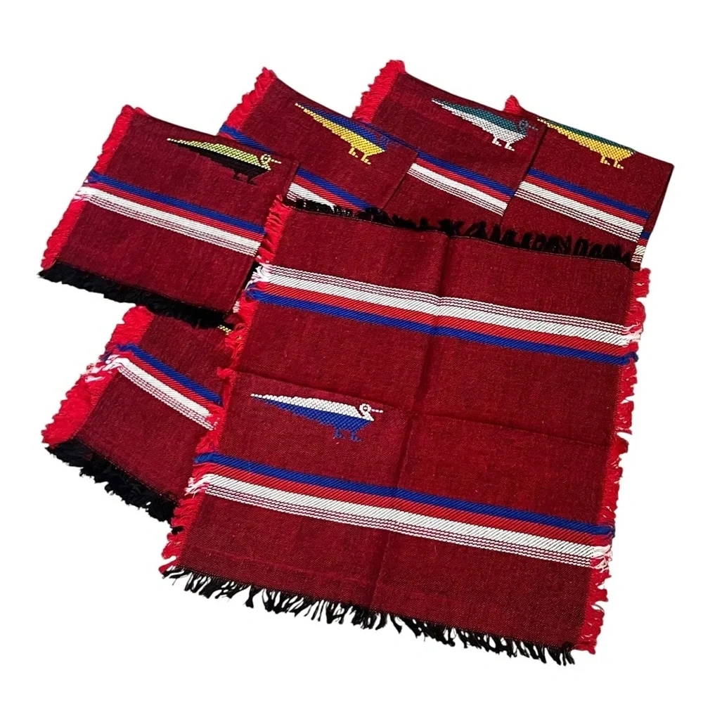 Vintage Hand Woven Mexican Bird Napkins Set Of 8 13” X 12”